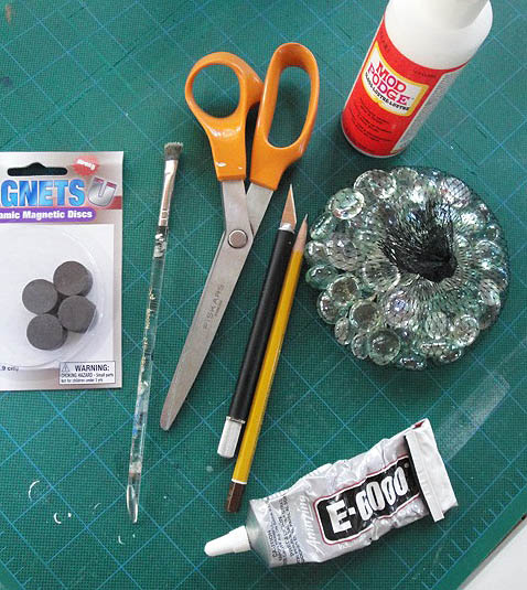 glass bead magnet materials - scissors, mod podge, pencil, E-6000