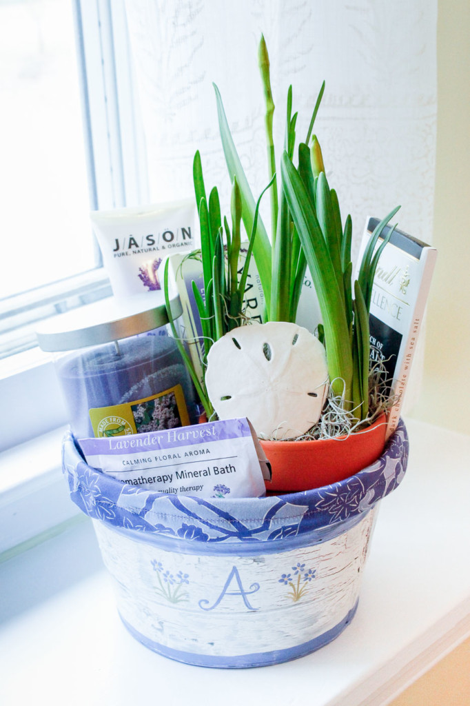 Spa-themed gift bucket on hand-painted chippy pail