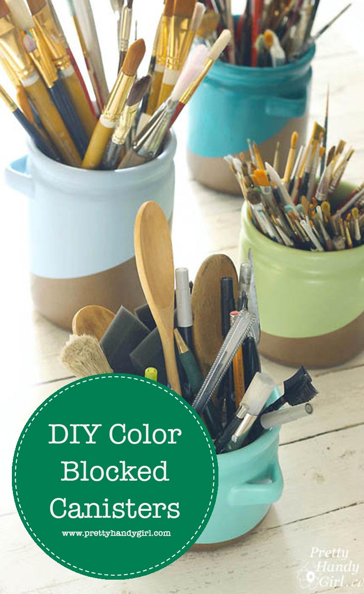 Add modern charm to thrift store canisters with this color block tutorial from Pretty Handy Girl! | thrift store makeover #prettyhandygirl #DIY #craft #thriftstoremakeover