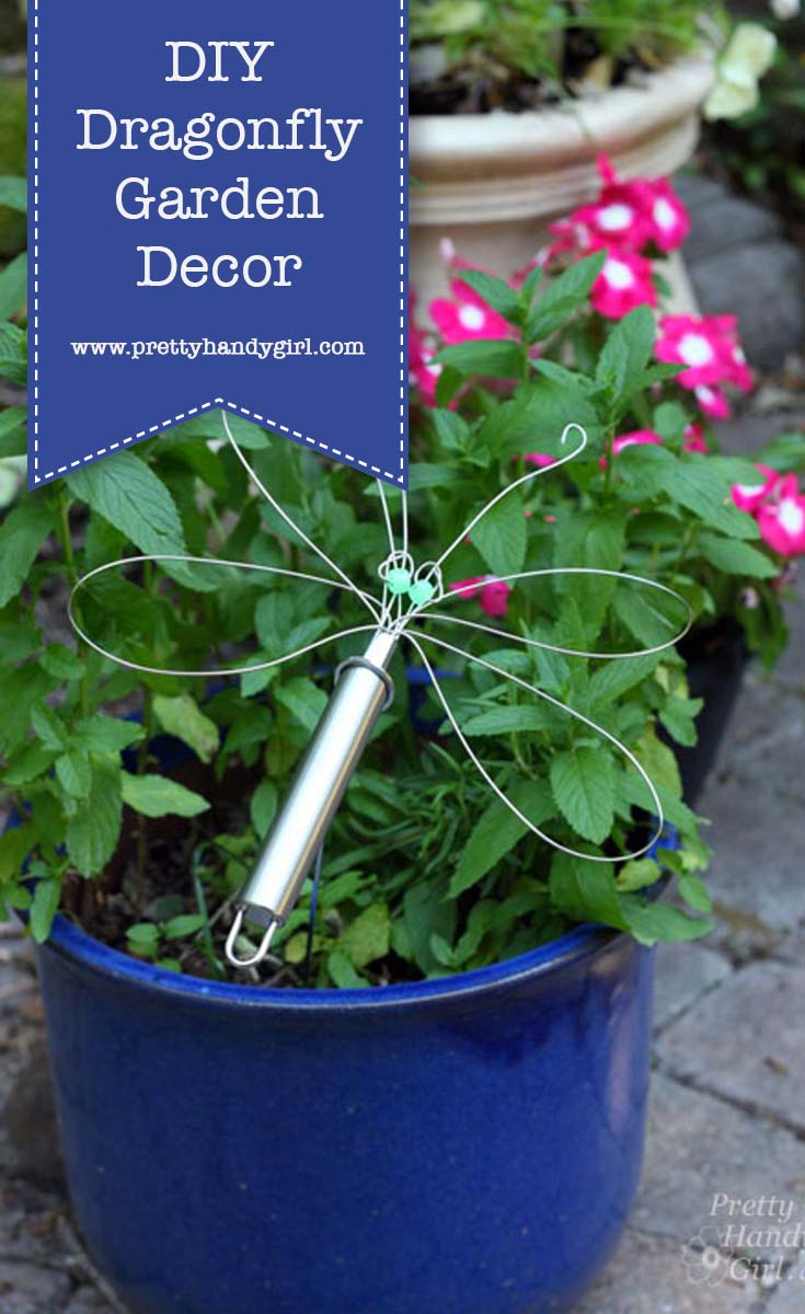 Dragonfly Garden Decor using a Dollar Store Wire Whisk and Skewer | Pretty Handy Girl