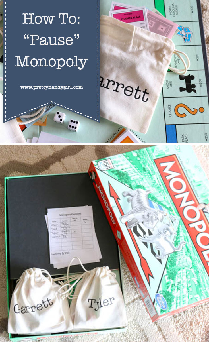 No need to ruin family game night with this Monopoly hack that allows you to easily pause the game and pick up again later! | Pretty Handy Girl #DIY #gamenight #Monopoly