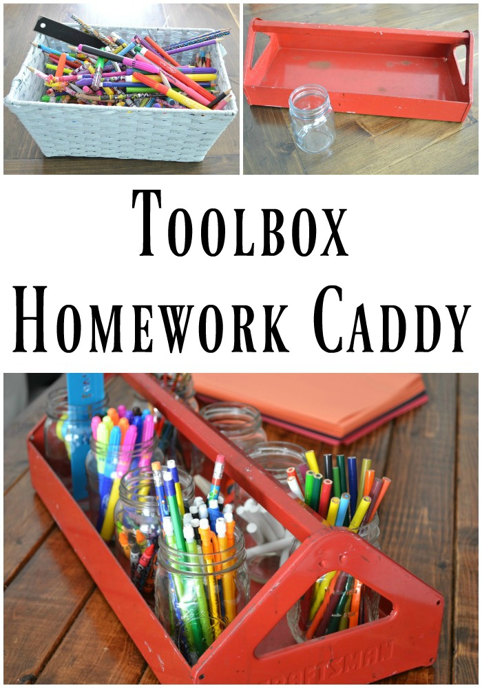 Get organized before the school year creeps up on you. This toolbox homework caddy will help your kids find everything they need. | Toolbox Homework Caddy