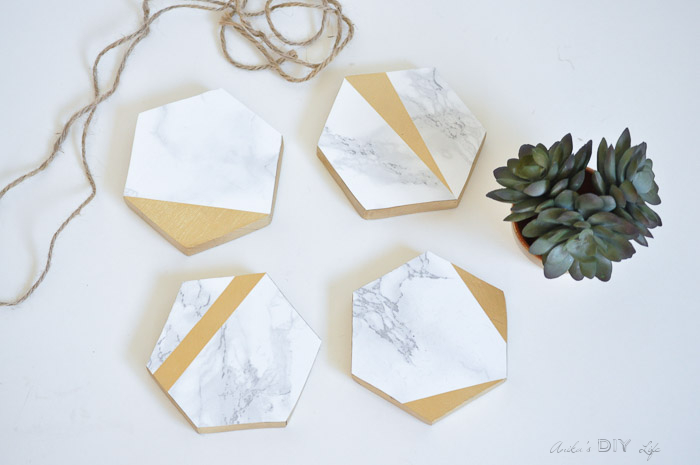 Gold and Marble coasters | Scrap wood | contact paper