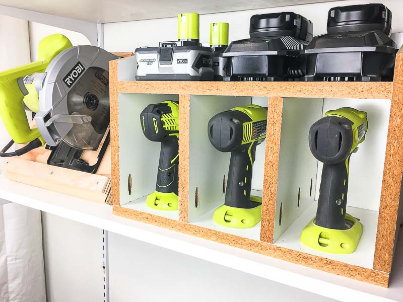 This cordless drill storage, together with the circular saw stand, make it easy to find the tools I need.