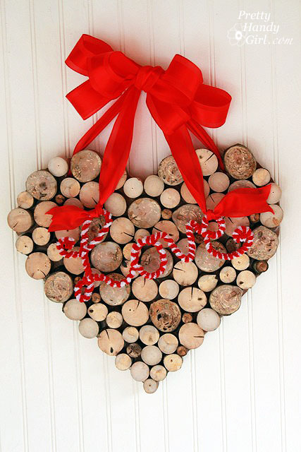valentines wreath branches close up wood heart wreath