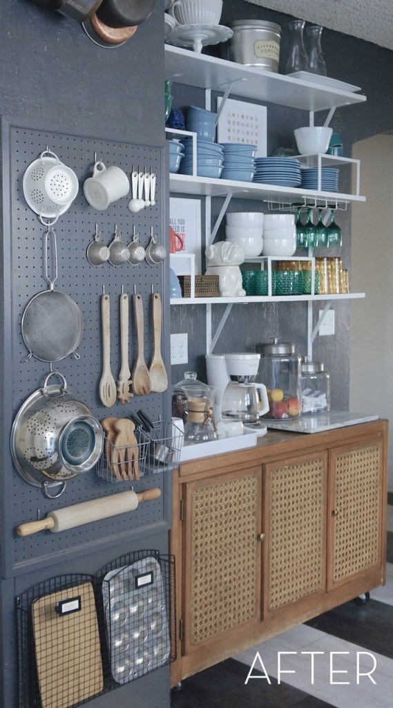 Pegboard storage solution in the kitchen
