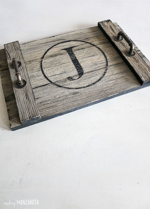 finished rustic wood serving tray with J monogram in circle