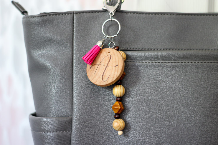 Monogram Keychain with burned on design and wooden beads