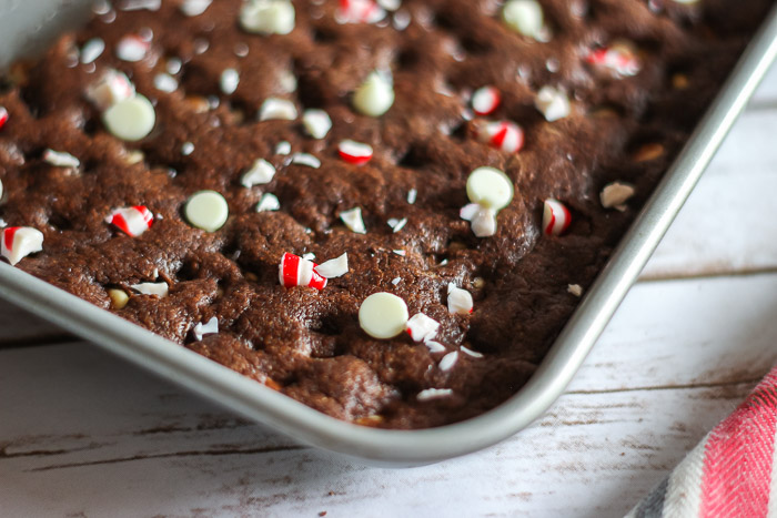 Chocolate cookie bars with white chocolate chips and crushed peppermint